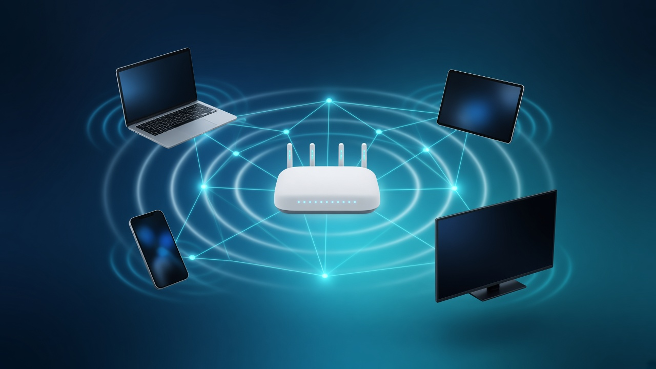 White Wi-Fi router at center with cyan mesh links to laptop, tablet, phone, and TV showing shared wireless airtime