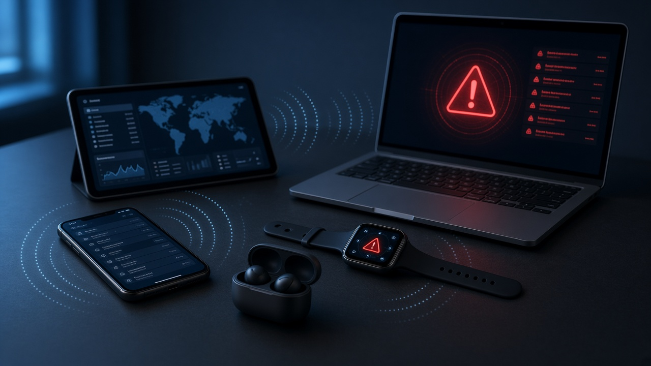 Laptop, tablet, phone, smartwatch, and earbuds on a dark desk linked by wireless arcs, with red security warning icons on screens