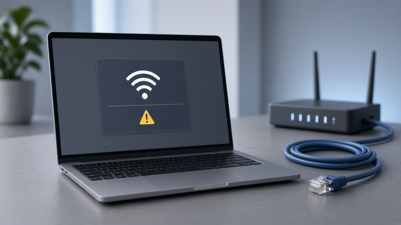Laptop showing a Wi-Fi warning dialog beside a router and coiled blue ethernet cable