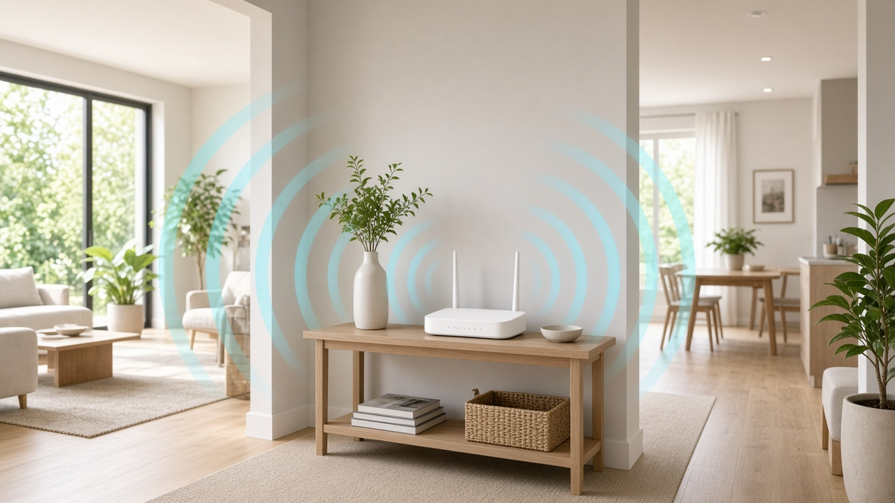 Home floor plan illustrating Wi-Fi signal coverage from a centrally placed router