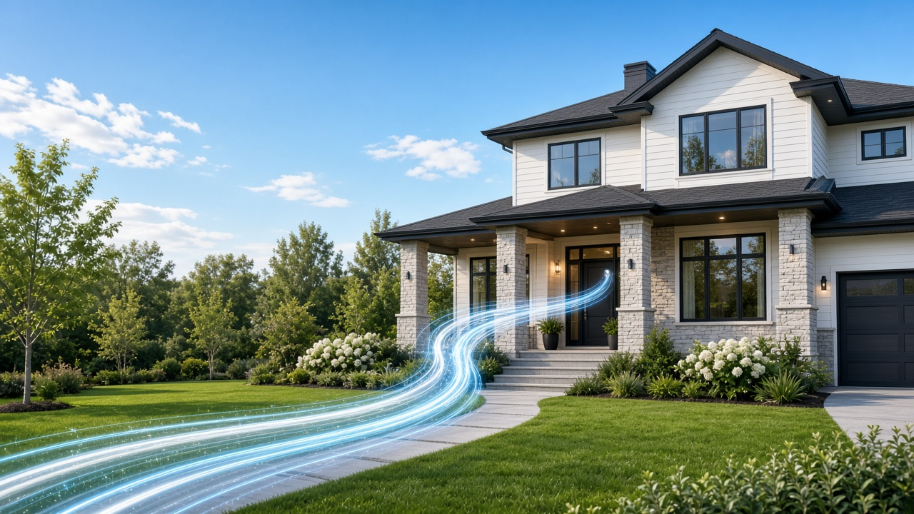 Modern suburban home with a glowing blue fiber-optic light trail leading to the front door