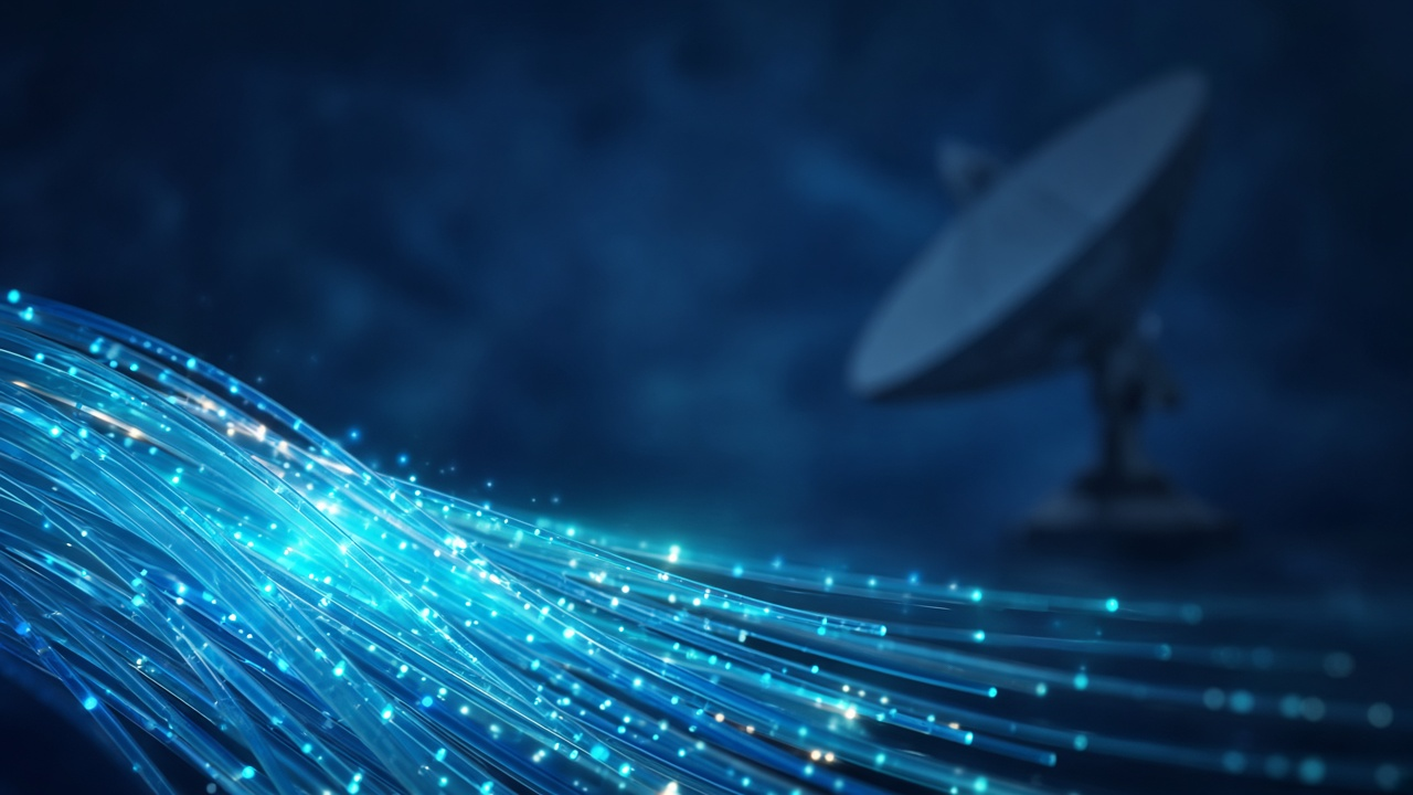 Glowing blue fiber-optic cables with a blurred satellite dish in a dark navy background