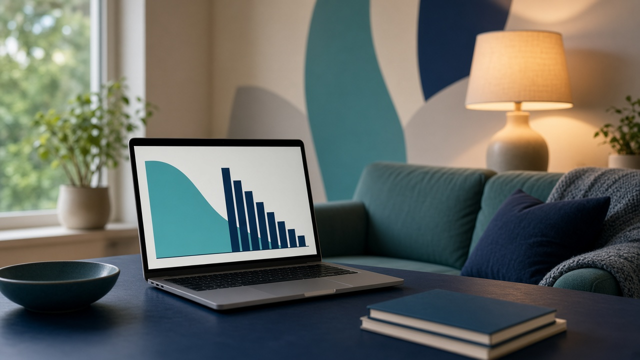 Laptop on a living-room table showing a simple cost chart beside a warm lamp