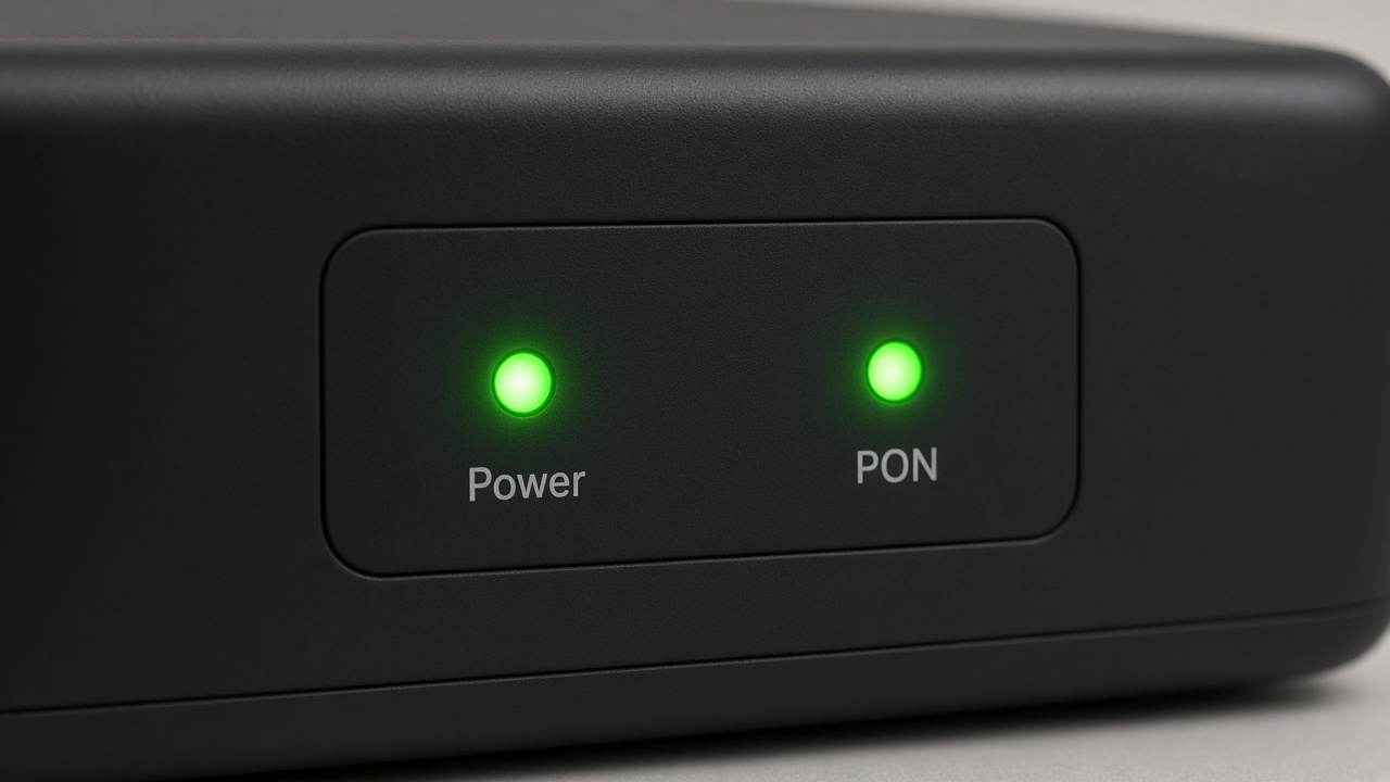 Close-up of ONT panel showing solid green Power and PON status lights