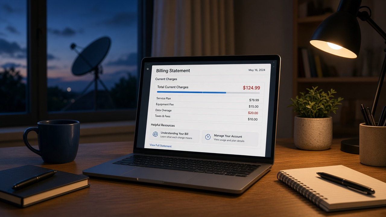 Viasat billing statement displayed on a laptop beside a satellite dish